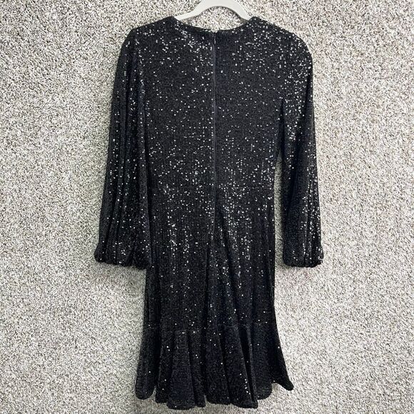 Eliza J Dress Women’s 4 Black Sequins Long Sleeve V-Neck Faux Wrap Ruffle Hem - Picture 7 of 8